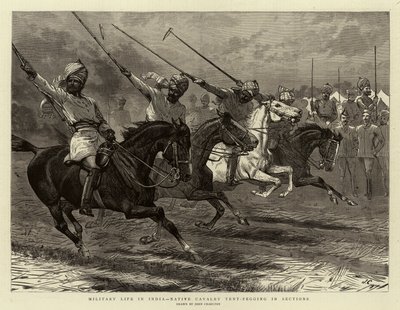 Militair leven in India, inheemse cavalerie tent-pegging in secties door John Charlton